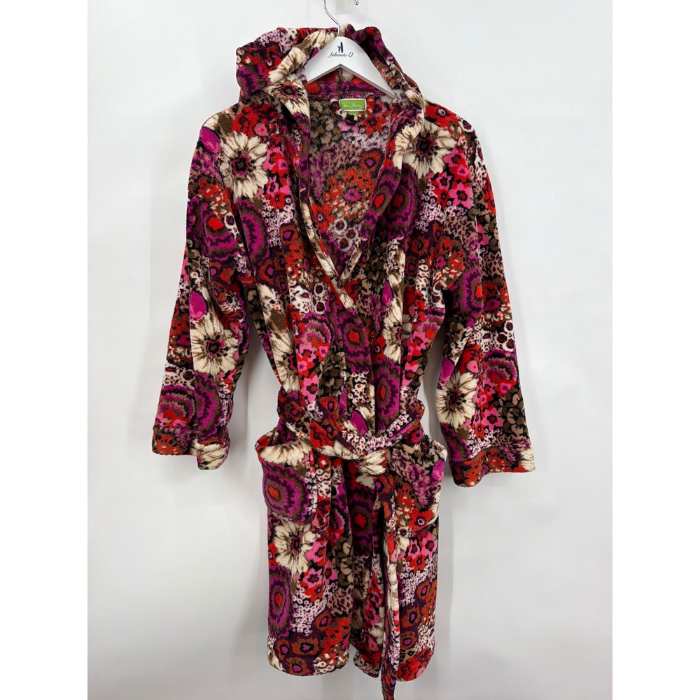 Vera Bradley Hooded Fleece Robe S/M Multicolor Floral Paisley Plush Bathrobe
